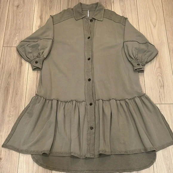 Free People Relaxed Olive Green Button-Up Cotton Tunic Dress